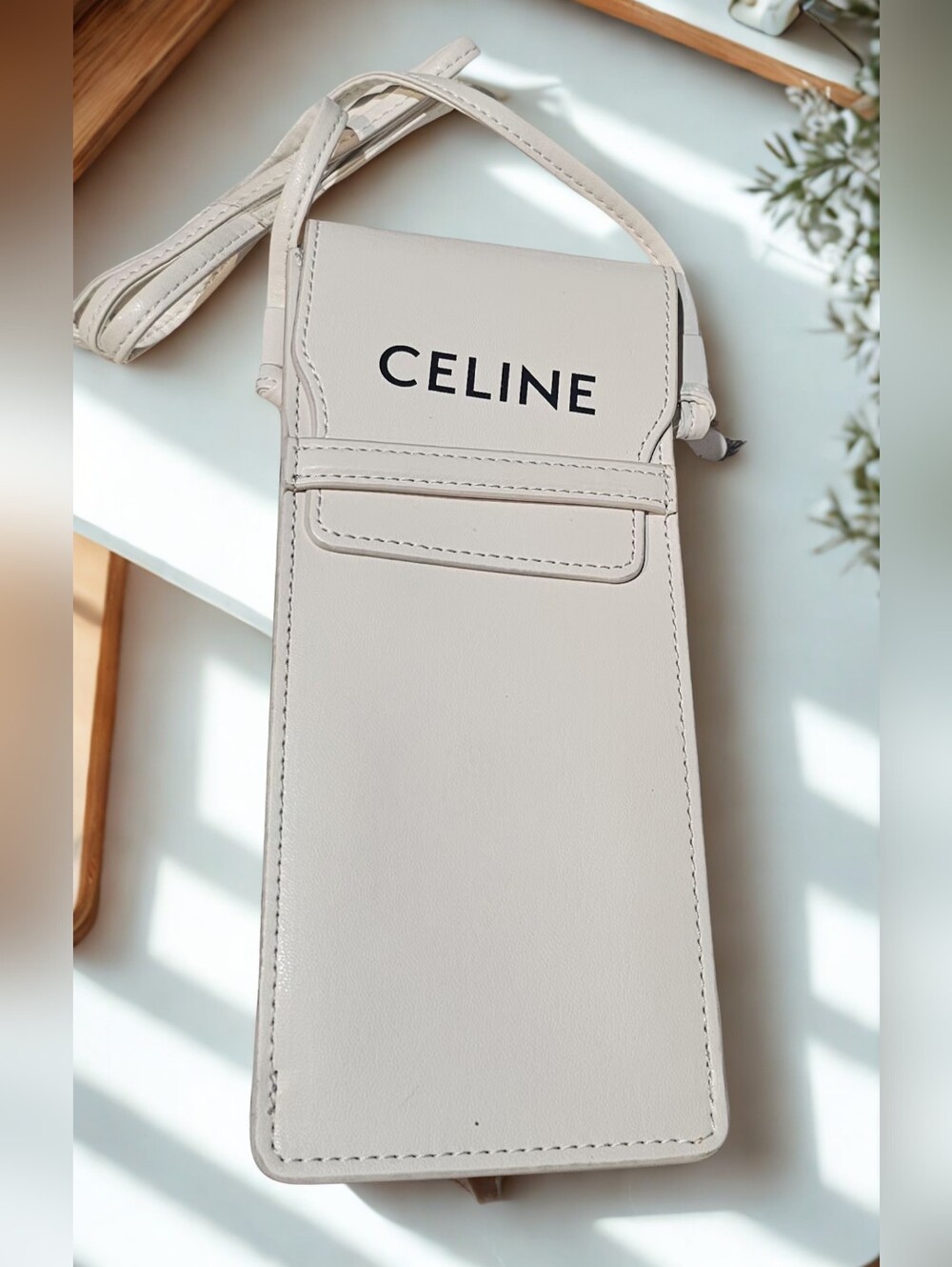 Celine Cream Leather Crossbody Phone Pouch with Logo/empty Case/New